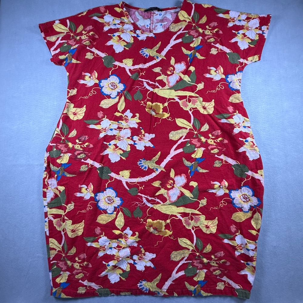 Gracila Red Tropical Floral Hummingbird Cotton Midi T-Shirt Dress Womens 2XL